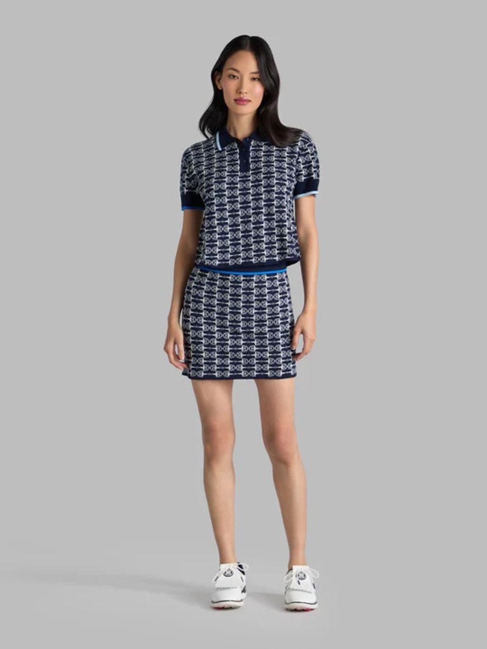 G/FORE G Link Merino Wool Blend Golf Knit Polo Top Skirt Set Twilight Blue